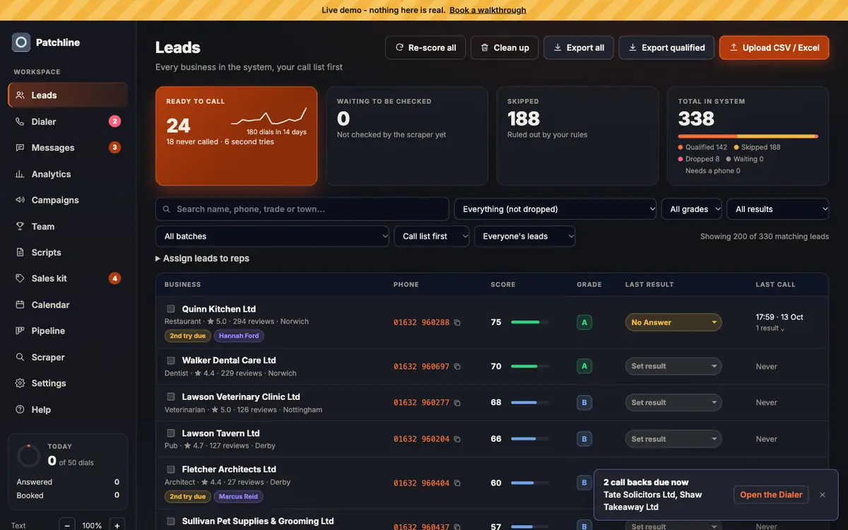 Patchline leads screen showing scored UK businesses ready to call