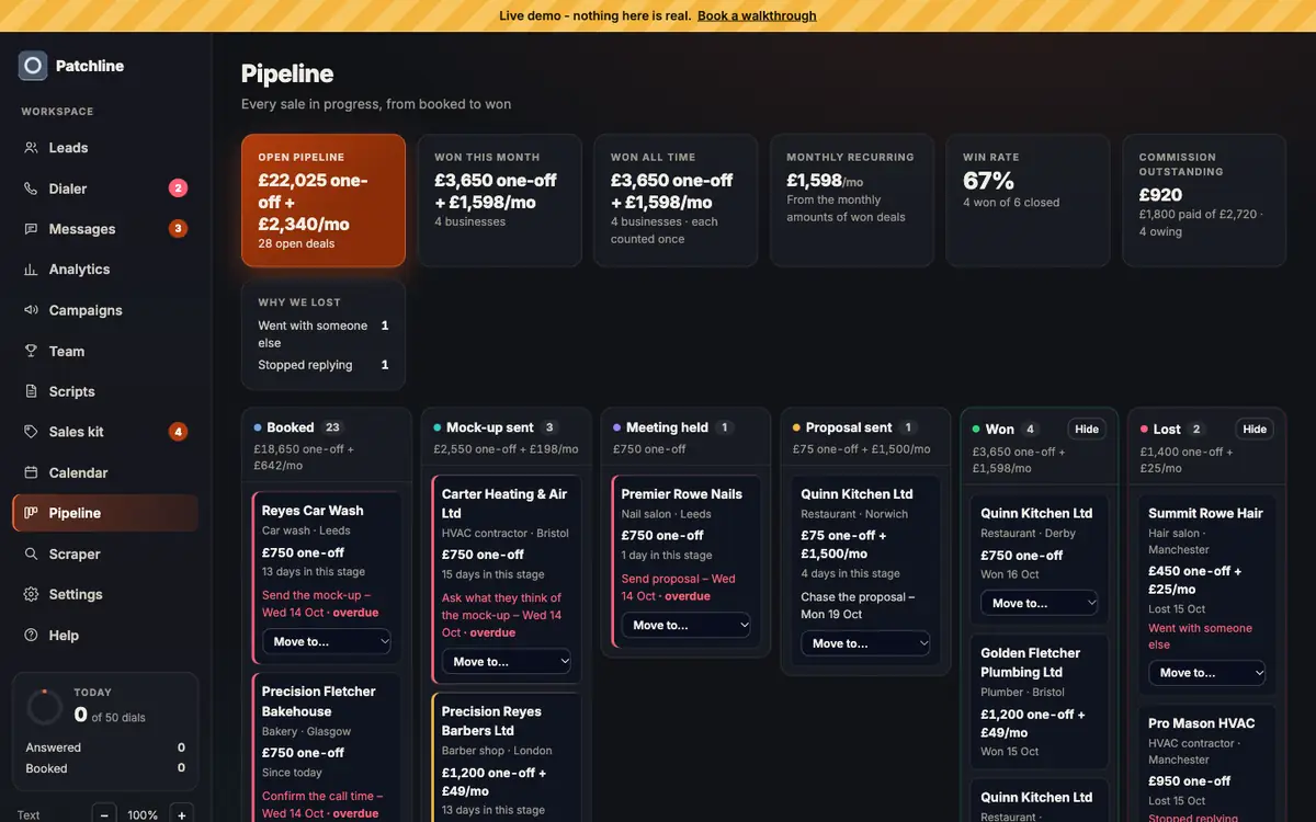 Patchline sales pipeline board with deals by stage