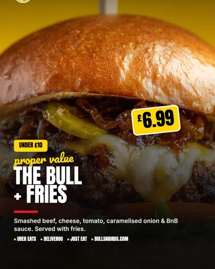 Bulls n Birds post: The Bull burger and fries, £6.99