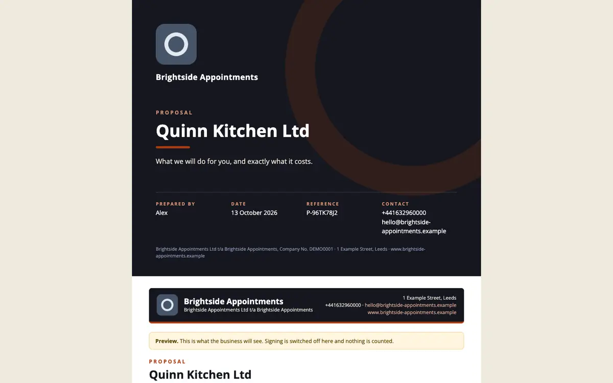 Patchline branded proposal ready to e-sign